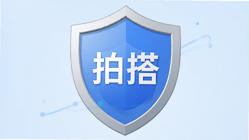 手机安全盾牌图标,中间印有“拍搭”字样,背景为淡蓝色渐变,象征安全与信任,高清简洁