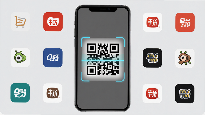 微二维码查价安卓应用界面全景展示,主体为手机屏幕,屏幕中央显示清晰的二维码扫描框,周围环绕着多个电商平台的Logo图标,背景为干净的浅灰色,布局居中对称,排版简洁现代,风格扁平化,细节处有扫描线动画效果,画质高清,干净,无多余元素