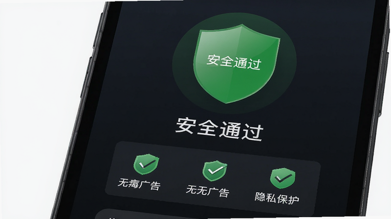 微二维码查价安全认证界面,主体为手机屏幕显示“安全通过”绿色盾牌图标,下方列出无病毒、无广告、隐私保护三项认证,布局居中,排版简洁明了,风格信任感强,细节处有对勾符号,画质高清,干净,无多余元素