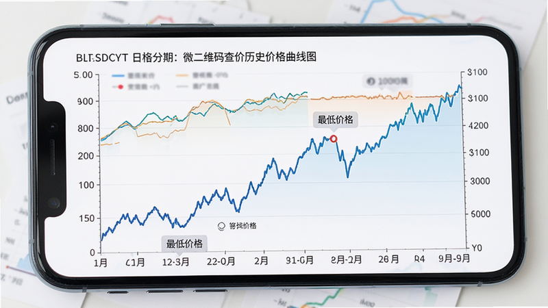 微二维码查价历史价格曲线图,主体为手机屏幕中的折线图,横轴为日期,纵轴为价格,曲线呈现波动上升趋势,关键点标注了最低价格,布局全屏展示,排版数据可视化风格,风格专业分析感,细节处有坐标轴刻度,画质高清,干净,无多余元素