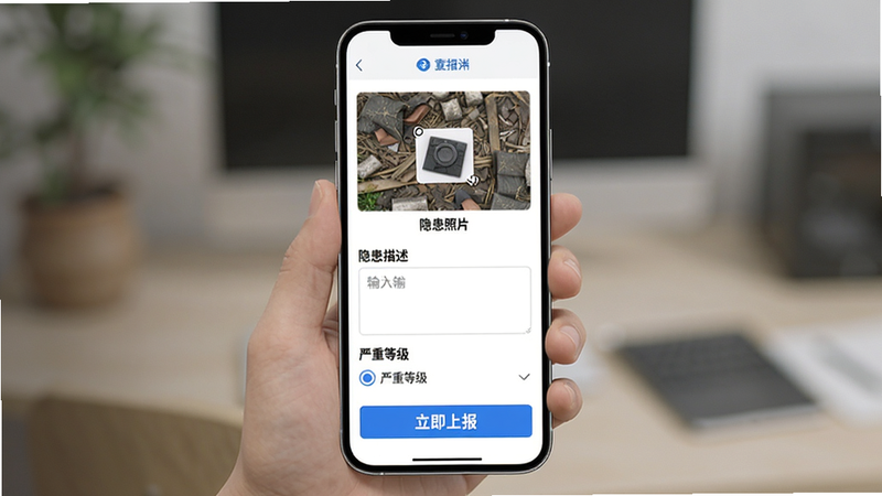手机界面展示隐患上报页面,界面上方有