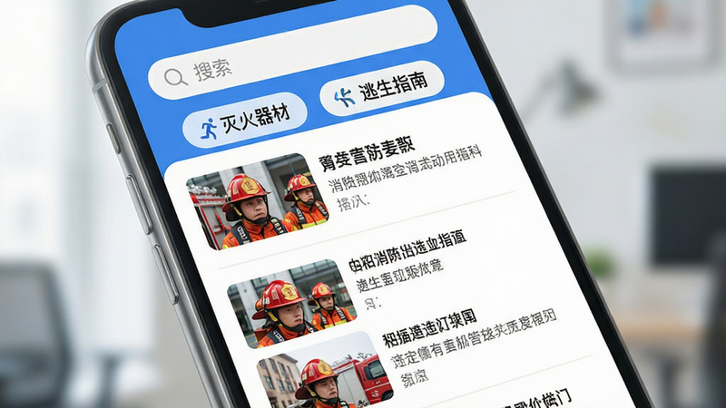 手机界面展示消防知识文章列表,每篇文章配有缩略图和标题,顶部有搜索栏和分类标签(如