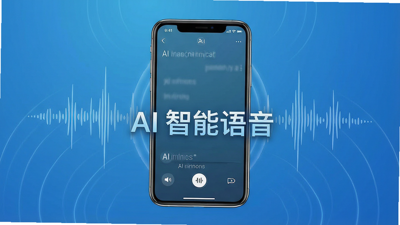 一张展示AI智能语音软件核心功能的概念图,画面中心是智能手机屏幕,显示着正在进行的语音转文字过程,声波可视化效果环绕手机,背景为简洁的科技蓝渐变,风格现代简约,细节清晰,画质高清,干净无多余元素,主体突出,布局平衡,排版整洁,包含文字