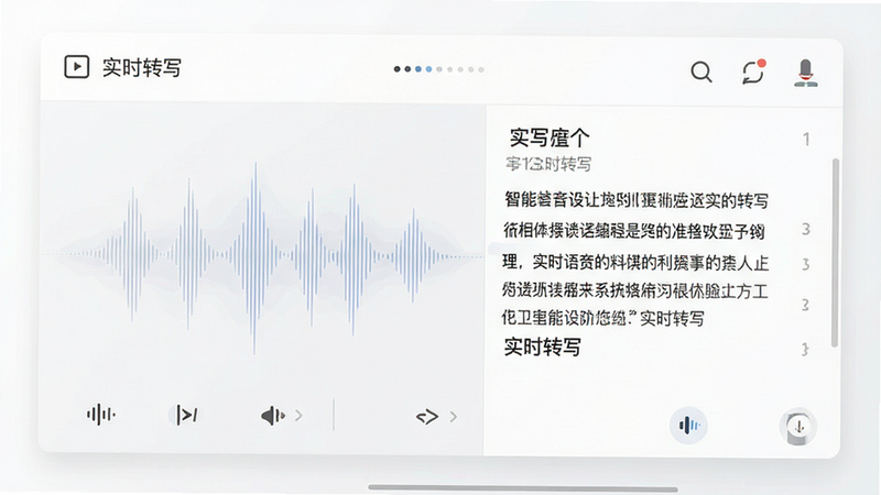AI智能语音软件界面预览,展示语音波形与实时转写的文字流,界面设计极简,主色调为白色与浅灰,图标清晰,布局紧凑,细节丰富,画质高清,干净背景,包含文字