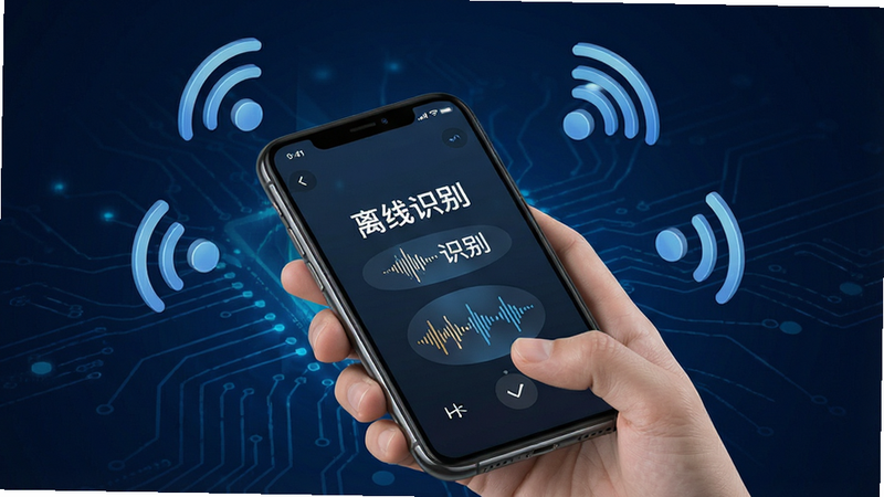 AI智能语音离线模式示意图,手机周围有信号屏蔽图标,但屏幕上依然显示正常的语音转文字操作,背景为深蓝色科技风,强调隐私与安全,细节清晰,画质高清,干净无多余元素,包含文字