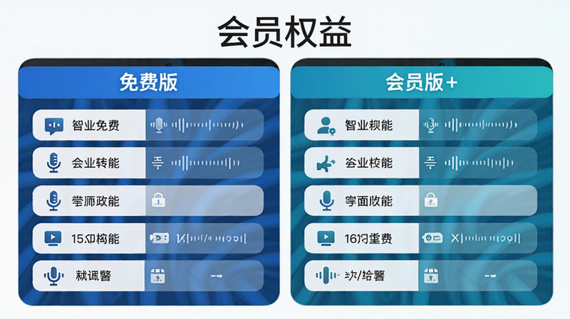AI智能语音会员权益对比图,展示免费版与会员版的功能差异,布局清晰,使用图表形式,配色专业,细节丰富,画质高清,干净无杂乱,包含文字