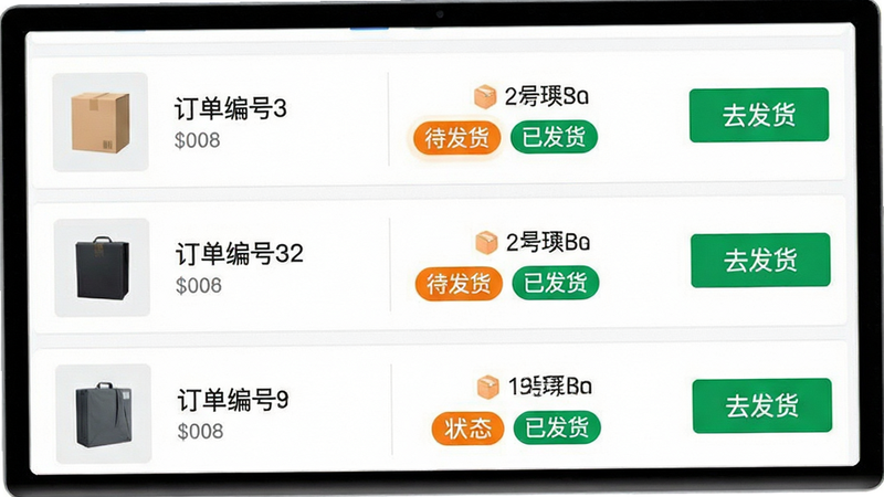 主体为订单管理界面预览,布局为列表式结构,每条订单显示商品缩略图、订单编号、状态标签(如“待发货”、“已发货”),右侧有“去发货”按钮,风格清晰直观,细节处有状态颜色区分(橙色待处理、绿色已完成),画质高清,干净,无多余元素,文字锐利