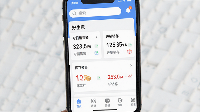 主体为手机屏幕界面,显示好生意APP的主页,布局清晰,顶部为搜索栏与消息通知,中部为核心数据看板显示今日销售额与库存预警,底部为功能导航栏,风格为现代扁平化商务风,细节丰富,高清无噪点,干净无多余元素,文字标注“好生意”、“进销存”、“库存”、“销售”