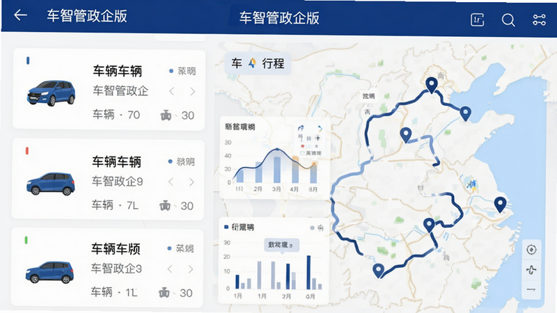 画面主体为“车智管政企版”安卓应用的高保真UI设计图,布局采用清爽的白色背景搭配深蓝色主色调,排版左侧展示车辆列表卡片,右侧展示行程地图轨迹,风格为现代扁平化商务风,细节包含清晰的车辆图标、定位标记以及数据图表,画质高清,界面干净无多余装饰元素,文字标注“车智管政企版”位于顶部导航栏