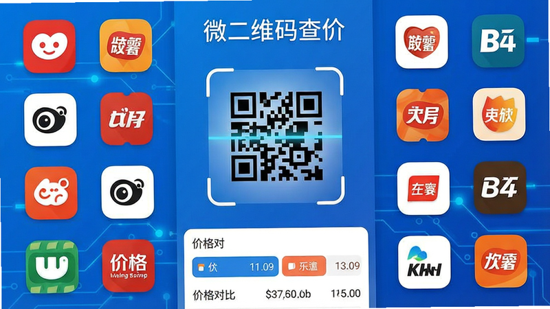 微二维码查价安卓版应用主界面展示,中央清晰显示二维码扫描框,四周环绕着多个电商平台的图标,底部显示价格对比列表,整体风格简洁科技蓝,高清矢量插画风格,文字标注“微二维码查价”,干净无多余元素