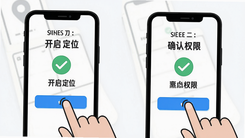 惠送达手机端操作教程示意图,主体为手机屏幕与手指点击动作,布局为分步展示,左侧为步骤一“开启定位”,右侧为步骤二“确认权限”,风格为简约插画风,细节包括绿色的对勾图标、蓝色的按钮高亮,画质高清,干净,无多余元素