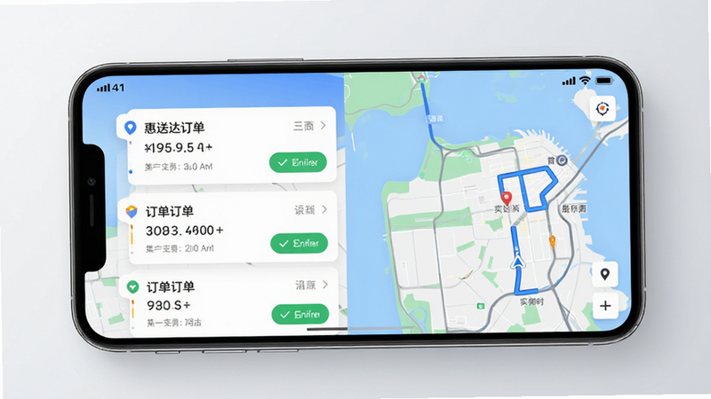 惠送达APP界面全景图,主体为手机屏幕显示地图导航与订单列表,布局清晰,左侧为订单卡片,右侧为实时位置地图,顶部有状态栏,风格为现代扁平化设计,细节包括蓝色的路线轨迹、绿色的确认按钮,画质高清,干净,无多余元素,背景为浅灰色渐变