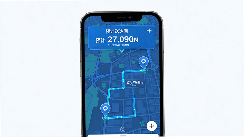 惠送达智能路径规划功能展示,主体为手机屏幕上的地图界面,布局为全屏地图,上方悬浮显示预计送达时间,排版紧凑,风格为科技感蓝色调,细节包括闪烁的路径线条、起点终点标记,画质清晰,干净,无多余元素