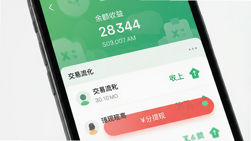 惠送达收益结算界面预览,主体为手机屏幕显示的钱包页面,布局为顶部余额大字显示,下方为交易流水列表,风格为清新绿色调,细节包括红色的提现按钮、绿色的收入箭头,画质清晰,干净,无多余元素