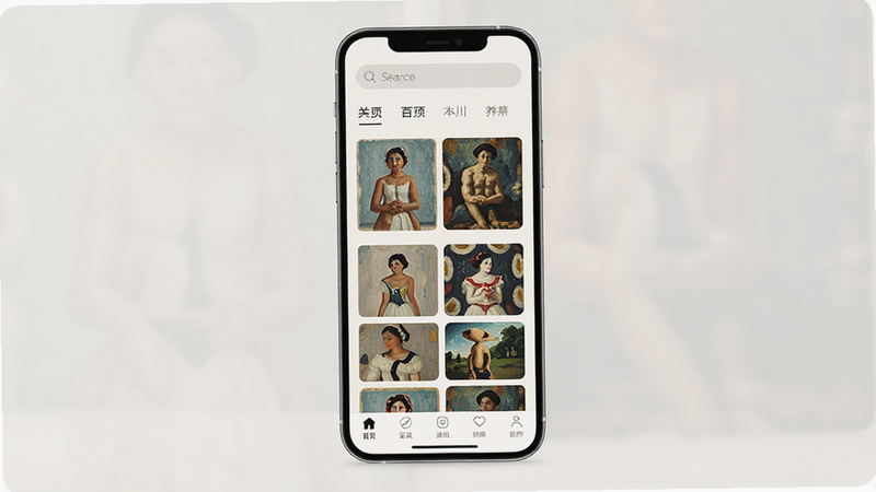 海纳佰川手机APP界面全景展示,主体为智能手机屏幕,显示艺术画作列表页,布局整洁,顶部有搜索栏和分类标签,中部为网格状高清画作缩略图,底部为导航栏,风格现代简约,色调以米白和淡灰为主,细节清晰,画质4k,干净无多余元素