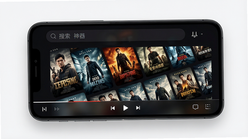 一张现代简约风格的手机应用界面展示图,主体为“宅男看片神器”APP的主屏幕界面,布局清晰,顶部显示搜索栏,中间是高清电影海报网格,底部是播放控制条,整体色调为深色模式,突出科技感与沉浸感,背景干净无杂物,高清细节,8k分辨率