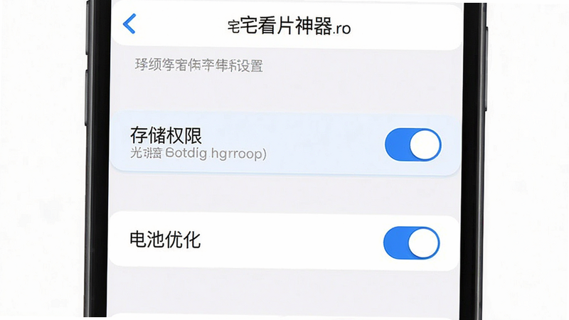 手机设置界面的截图风格图,主体为“宅男看片神器”的权限设置页面,高亮显示“存储权限”和“电池优化”选项,布局垂直排列,排版清晰,风格为iOS/Android混合UI设计,色彩为白色背景配蓝色选中态,细节包含勾选框与开关按钮,高清矢量图,无多余装饰