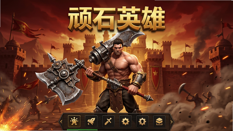 主体为《顽石英雄》游戏主界面,中央展示一位手持重武器的战士角色,背景是宏大的沙巴克城战场景,色调以深红与金黄为主,体现热血氛围;布局居中对称,角色占据视觉中心,下方有简洁的功能图标栏;排版清晰,UI元素扁平化设计,无多余装饰;风格写实3D渲染,细节丰富,武器金属质感强烈;细节处包含飘散的火花与尘土特效,增强动态感;画质高清4K,干净无水印,无多余元素,文字“顽石英雄”以金色立体字悬浮于顶部