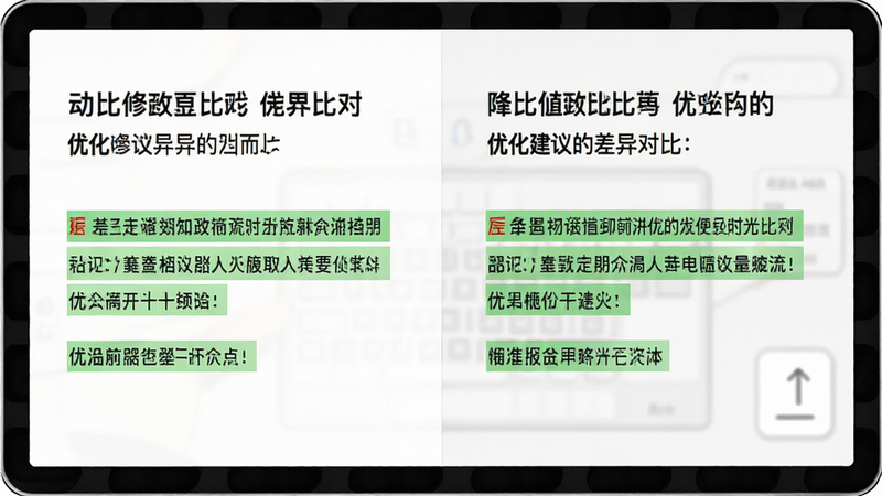 主体为文本对比界面,布局左右分栏显示修改前后对比,排版突出差异点,风格对比强烈,细节显示绿色高亮的优化建议文本,画质细腻,干净,无多余元素