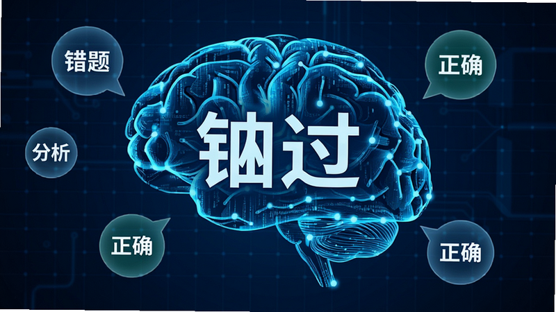 一张概念图,展示一个抽象的大脑形状由无数蓝色数据流和节点组成,周围环绕着“错题”、“正确”、“分析”等标签气泡,背景为深蓝色科技感网格,中央突出显示“铋过”字样,风格为科技极简主义,无杂乱元素,高清渲染