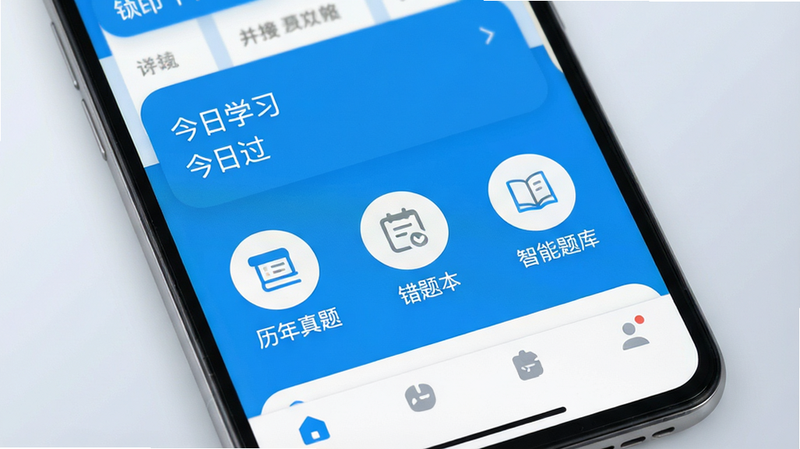 一张展示安卓手机屏幕的高清特写,屏幕中央显示“铋过”APP首页,界面为清新的蓝白色调,顶部有“今日学习”模块,下方排列着“历年真题”、“错题本”、“智能题库”三个圆形图标,底部导航栏清晰可见,背景为柔和的浅灰色渐变,无多余装饰,风格简约现代,画质清晰,文字清晰可读