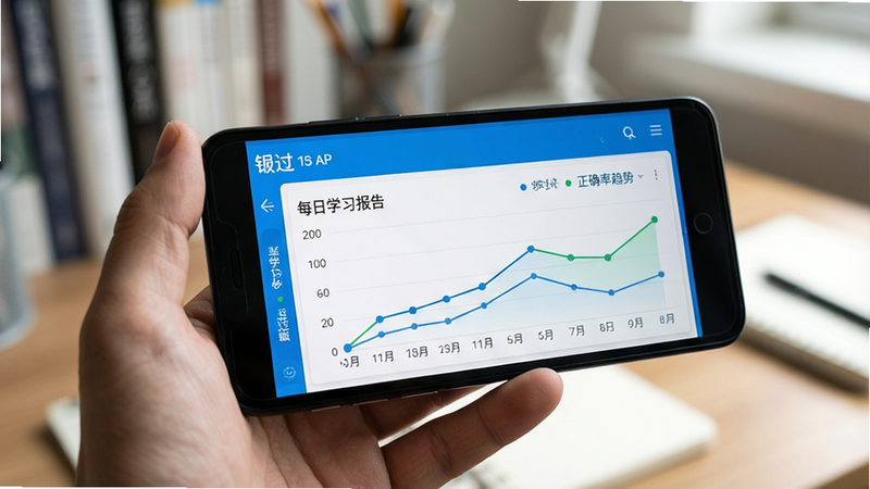 一张手持安卓手机的侧视图,手机屏幕显示“铋过”APP的“学习报告”页面,图表清晰显示每日学习时长与正确率趋势,背景为模糊的书桌环境,光线柔和,风格写实,无多余杂物,高清细节