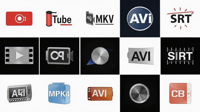 一起Tube 格式支持列表,展示 MP4, MKV, AVI, SRT 等图标,网格布局,白色背景,清晰图标,高清细节,简洁风格