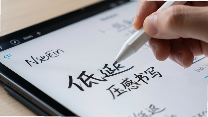 主体为手持触控笔在平板上书写Notein一笔记的场景特写,布局聚焦于笔尖与屏幕接触点,排版突出笔迹的流畅轨迹,风格为科技感与生活化结合,细节展示笔迹的粗细变化与屏幕的高清显示,文字包含“低延迟”、“压感书写”,画质清晰,光影柔和,无多余干扰元素