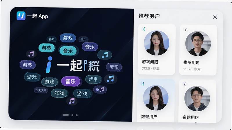 主体为i一起App的智能匹配界面,布局左侧为个人兴趣标签云,右侧为推荐用户卡片,排版清晰,风格科技感,细节展示标签如