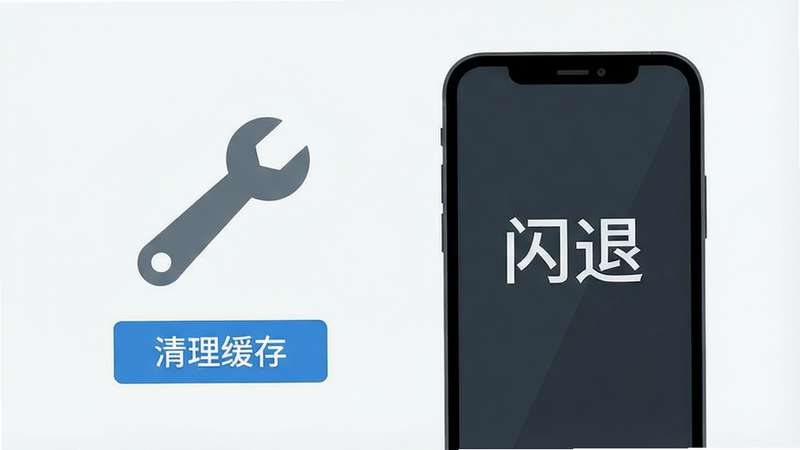 一张手机故障排查示意图,展示一个手机屏幕显示“闪退”字样,旁边有一个扳手图标和“清理缓存”按钮,布局简洁,风格扁平,细节清晰,画质高清,干净背景