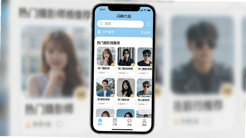一张高清手机应用界面展示图,主体为“闪映代拍”APP首页,布局清晰,顶部显示搜索栏和定位信息,中间展示“热门摄影师推荐”卡片列表,底部导航栏包含首页、订单、消息、我的四个图标,风格现代简约,色调以白色和浅蓝色为主,细节清晰,画质4k,干净无多余元素