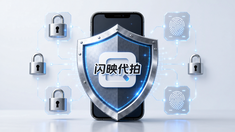 一张安全防护概念图,展示手机被盾牌保护,盾牌上有“闪映代拍”Logo,周围环绕着锁头和指纹图标,布局中心对称,风格科技感强,细节清晰,画质4k,干净背景