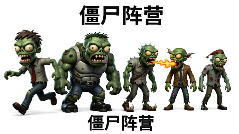 主体为多种僵尸角色展示,布局为横向排列,包括疾跑者、坦克僵尸、喷吐者等,风格为卡通写实结合,细节丰富,画质高清,干净,无多余元素,文字显示