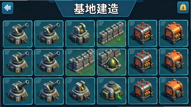 主体为基地建造界面特写,布局展示多种防御模块如炮塔、墙壁、发电机,排版整齐,风格为游戏UI界面展示,细节清晰,画质4K,干净,无多余元素,文字显示