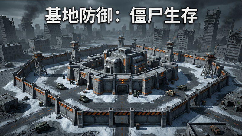 主体为《基地防御:僵尸生存》游戏核心场景,布局采用中心辐射式,中心是一座坚固的现代化军事基地,周围环绕着防御塔和围墙,远处是灰暗的末日城市背景,风格为写实3D渲染,细节丰富,画质高清,干净无多余元素,文字显示