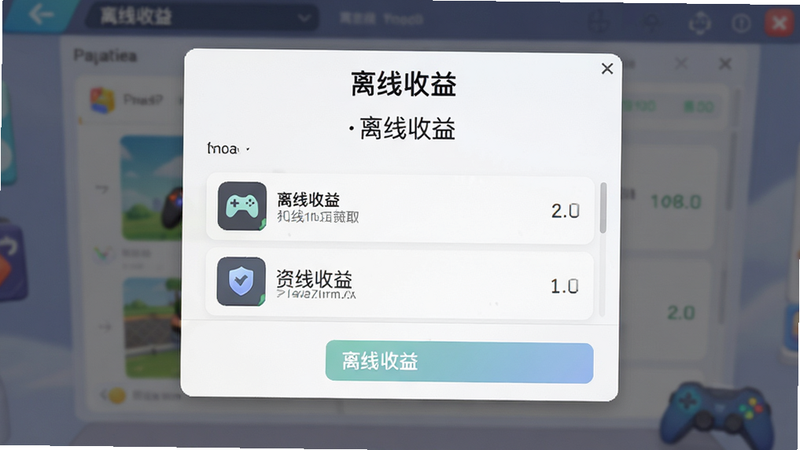 主体为离线收益弹窗界面,布局中心显示“离线收益”标题及资源获取列表,排版简洁,风格为现代游戏弹窗,细节清晰,画质高清,干净,无多余元素,文字显示