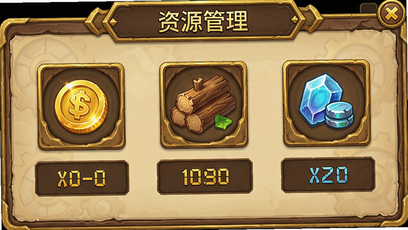 主体为资源管理界面,布局包含金币、木材、科技点图标及数值,排版清晰,风格为游戏HUD界面,细节精致,画质清晰,干净,无多余元素,文字显示