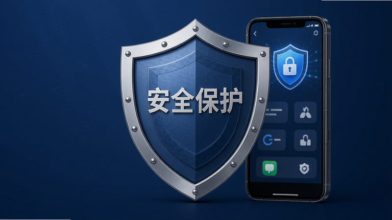 安全盾牌图标与手机应用界面结合图,主体为盾牌与手机,布局中心对称,排版稳重,风格专业可信,细节精致,画质高清,干净,无多余元素,文字包含