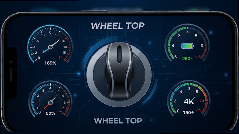 主体为智能手机界面,显示 WHEEL TOP App 的首页布局,背景为深蓝色科技感,屏幕中央有一个巨大的虚拟变速拨杆图标,周围环绕着速度、电量等数据仪表盘,风格极简现代,细节清晰,画质 4K,干净无多余元素,文字“WHEEL TOP”清晰可见