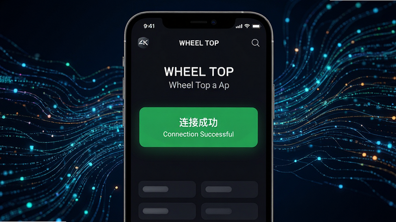 主体为 WHEEL TOP App 的深色模式界面,显示“连接成功”的绿色提示框,背景为抽象的数据流线条,风格科技感强,色彩对比鲜明,细节锐利,画质 4K,干净无多余元素,文字“Connection Successful”清晰