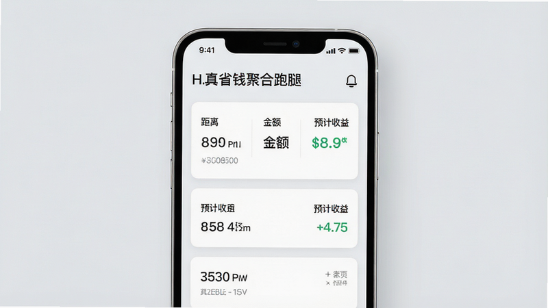 一张现代简约风格的智能手机界面展示图,主体为“真省钱聚合跑腿”APP运行界面,屏幕中央显示清晰的订单列表卡片,包含“距离”、“金额”、“预计收益”等关键数据,背景为柔和的浅灰色,界面布局整洁有序,字体清晰易读,整体风格科技感强,画质高清,无多余装饰元素,突出软件的实用性与专业性