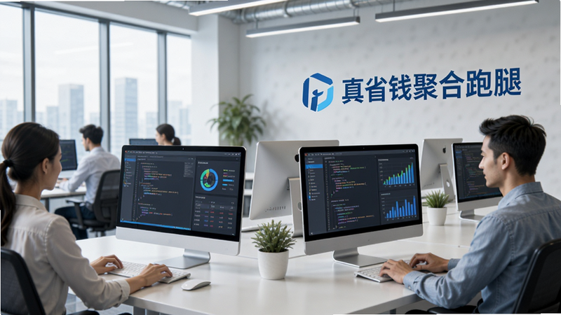 公司办公室场景概念图,现代开放式办公空间,几位员工正在电脑前工作,屏幕上显示着代码与数据图表,背景墙上挂着“真省钱聚合跑腿”的Logo(虚构设计,简洁蓝色调),氛围专业高效,光线明亮,体现技术驱动与服务理念,画质高清,无其他文字干扰