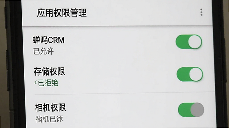 主体为安卓手机设置界面中“应用权限管理”的局部截图,布局聚焦于“蝉鸣CRM”的权限开关列表,排版整齐,风格为系统原生UI,细节包含绿色的“已允许”开关状态与灰色的“已拒绝”状态,画质清晰,干净背景,文字“存储权限”与“相机权限”清晰可见