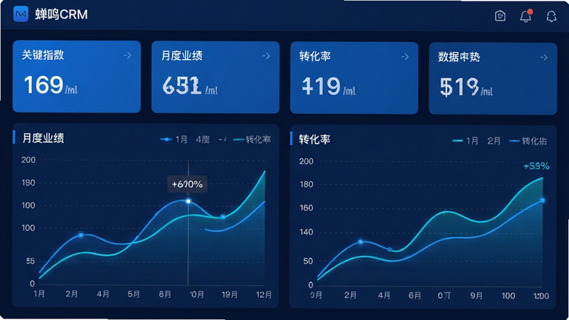 主体为“蝉鸣CRM”的数据分析仪表盘界面,布局上方为关键指标卡片,下方为两个并排的趋势图表,排版平衡对称,风格为科技蓝商务风,细节包含动态感的数据线条与清晰的坐标轴标签,画质高分辨率,干净无杂乱元素,文字“月度业绩”与“转化率”清晰可见