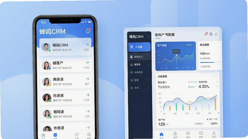 主体为一款名为“蝉鸣CRM”的安卓手机应用界面展示图,布局采用左右分屏结构,左侧显示简洁的客户列表卡片,右侧展示核心数据仪表盘,排版清晰有序,风格为现代商务极简风,细节包含柔和的蓝色渐变背景与白色半透明卡片,画质高清4k,干净无多余元素,文字“蝉鸣CRM”清晰可见