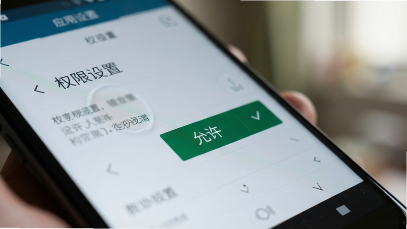 主体为一部安卓手机正在显示应用权限设置界面的特写,布局为局部放大视角,背景模糊,风格为写实摄影风,细节清晰展示“允许”按钮被点击的瞬间,画质真实,干净,无水印,文字