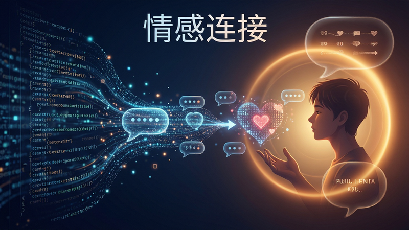 主体为抽象的情感数据流与对话气泡融合的画面,布局左右平衡,左侧是流动的代码粒子,右侧是温暖的光圈,风格为科技感与人文气息结合,细节展现数据转化为心形的过程,画质细腻,干净,无多余装饰,文字