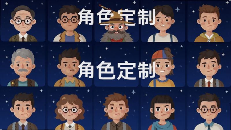 主体为多个不同风格的卡通人物头像排列在手机屏幕上,布局呈网格状,背景为深蓝色星空,风格为扁平化插画,细节展示每个头像代表不同的性格特征,如戴眼镜的学者、戴帽子的艺术家等,画质清晰,干净,无杂色,文字