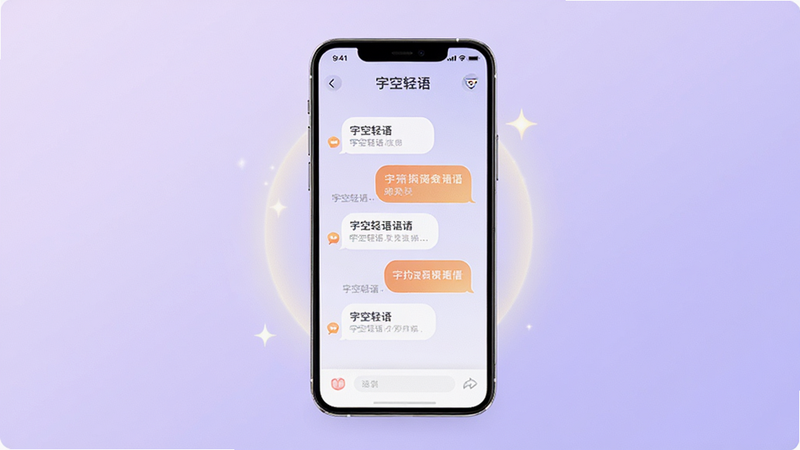 主体为宇空轻语App的手机界面展示图,布局采用居中构图,背景为柔和的淡紫色渐变,手机屏幕显示着温馨的对话气泡,界面风格清新简约,细节处有细微的光晕效果,画质高清,干净无多余元素,文字