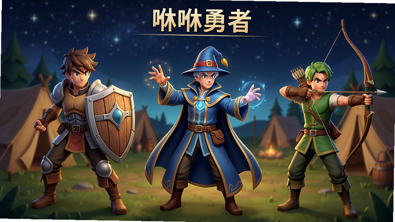 描绘《咻咻勇者》职业选择界面的概念图,左侧为持盾战士,中间为施法法师,右侧为拉弓游侠,背景为星空下的营地,人物比例协调,动作生动,光影效果柔和,细节清晰,8K超清